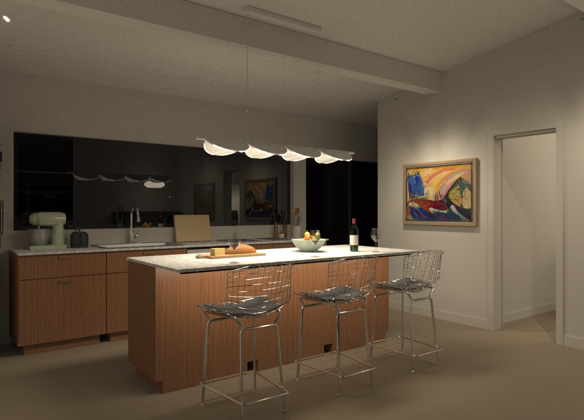 Render of an Eichler kitchen at night, set for guests. A
            pendant hangs from the beam ceiling over the island, where bread,
            cheese, a bowl of fruit, a bottle of wine and glasses are laid out.
            The walls are softly lit, a painting hangs on the wall to the
            right, and the dark window behind the sink reflects the pendant.