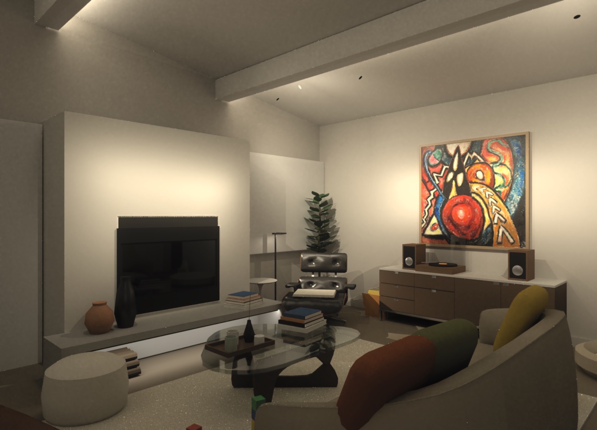 Render of the living room in the evening. Light from the
                sides of the ceiling beams washes the sloped ceiling. A large
                painting is lit over a credenza with a turntable, and an Eames
                lounge chair sits beside the fireplace wall.
